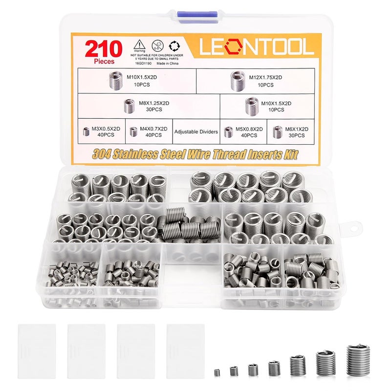 LEONTOOL 210pcs Wire Thread Inserts Steel Sheath Helical Type Coiled Wire Screw Repair Sleeve Assortment Kit Screws Sleeve Helicoil Type Thread Repair Kit Coiled Spiral Screw Kit with Plastic Box - Image 1